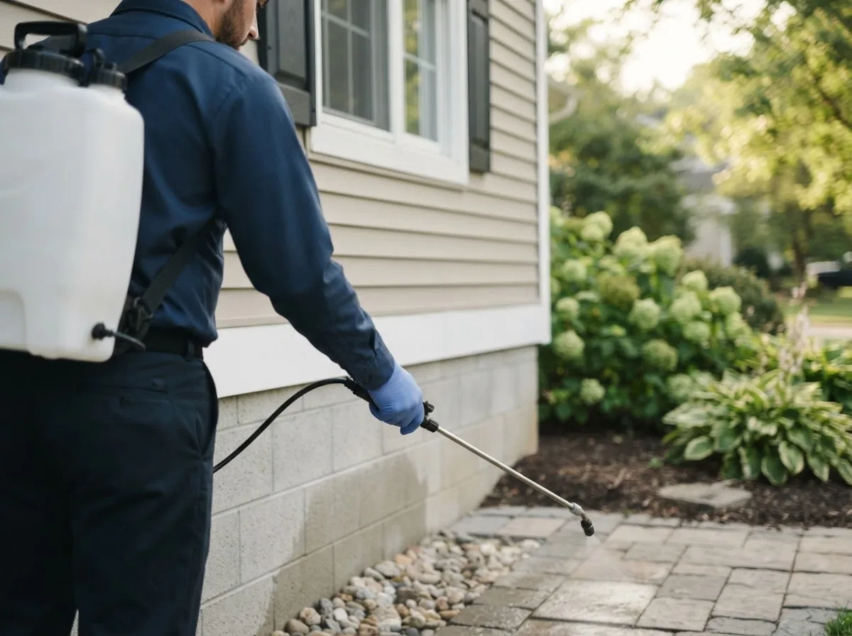 Pest control technician inspecting a home in Hubbell, MI